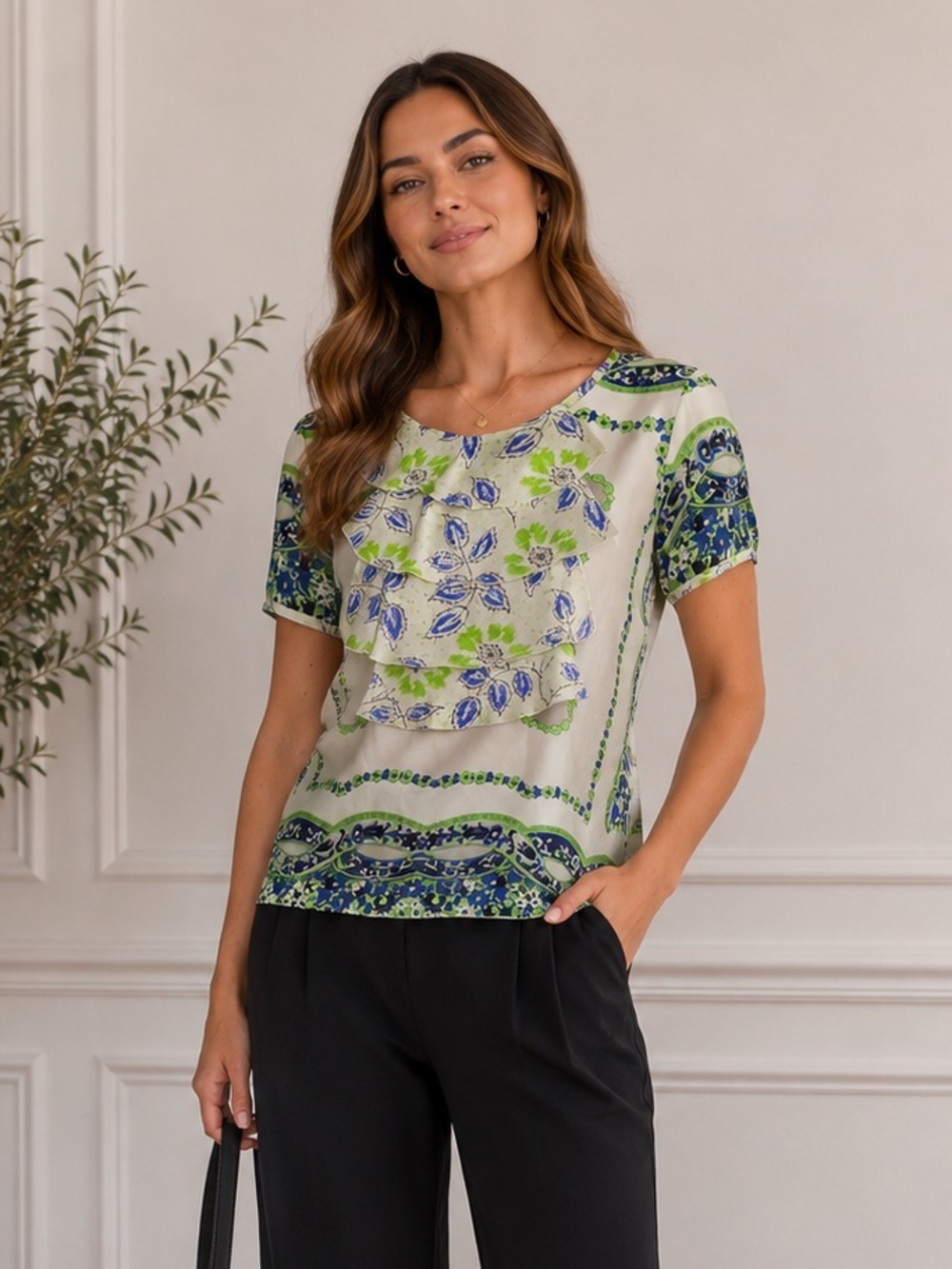 ETRO Paisley Floral Print Ruffle Short Sleeve Silk Blouse